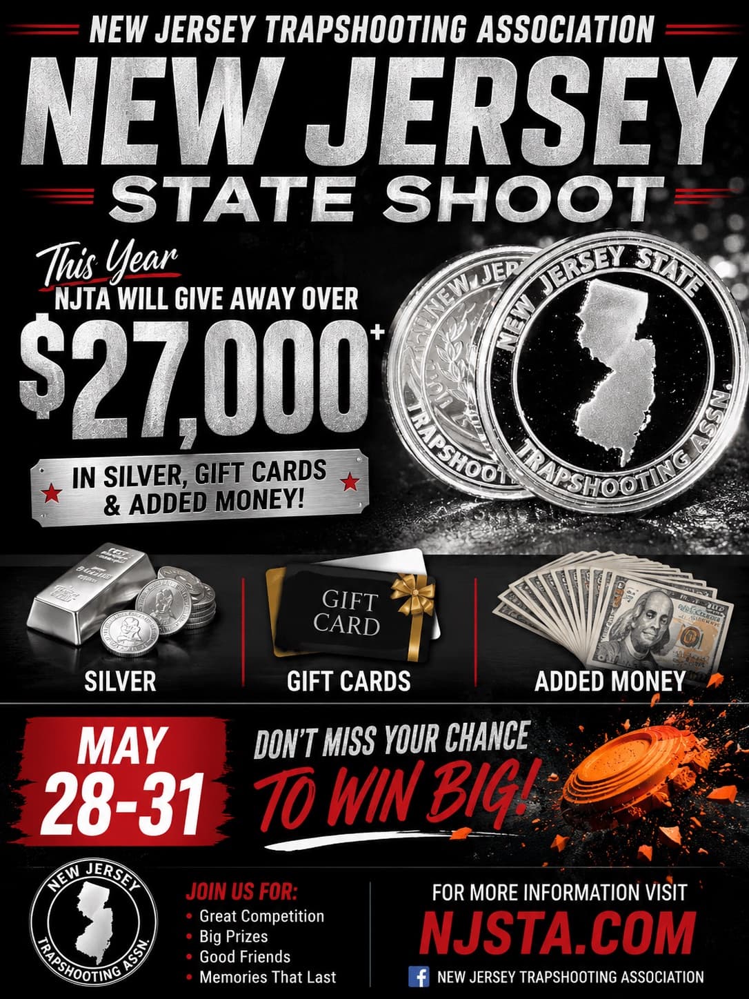 New Jersey State Shoot — May 28-31, 2026. NJSTA will give away over $27,000 in silver, gift cards, and added money. Don't miss your chance to win big.